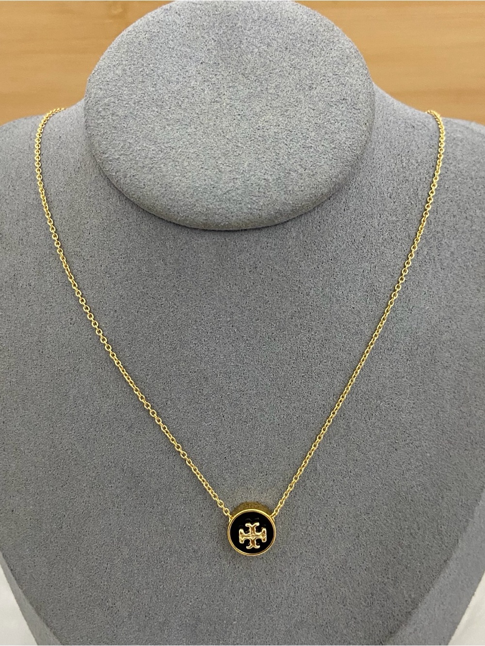 Tory Burch Gold-Tone Necklace with Black Enamel Logo Pendant